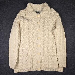 Aran Crafts Women's Cream Cable Knit Irish Wool Cardigan Sweater Size L